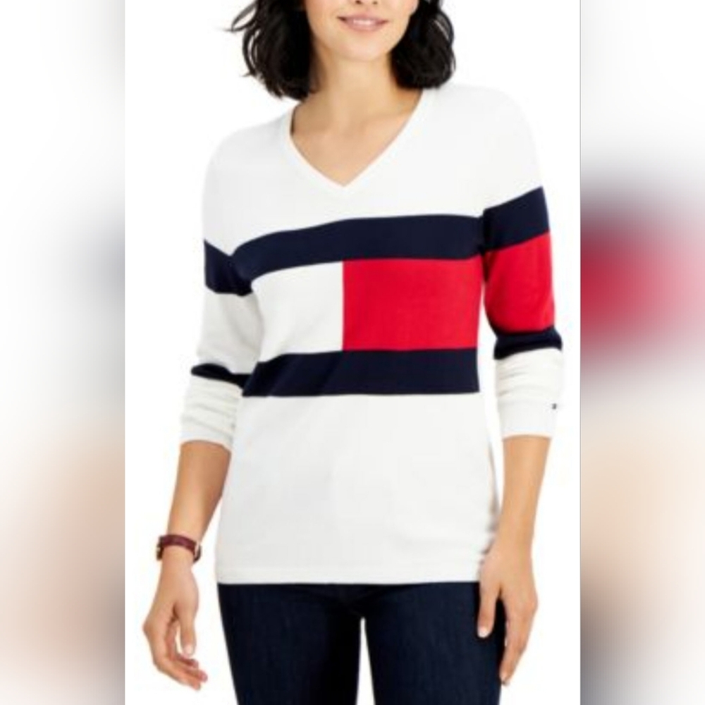 Tommy Hilfiger 100% Cotton Women's Colorblock Knit Sweater White/Red/Blue Medium - Picture 5 of 16